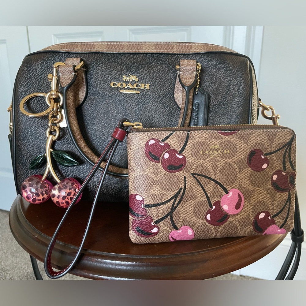 Coach Rowan Satchel Bag with Cherry Print Wristlet and Cherry Charm